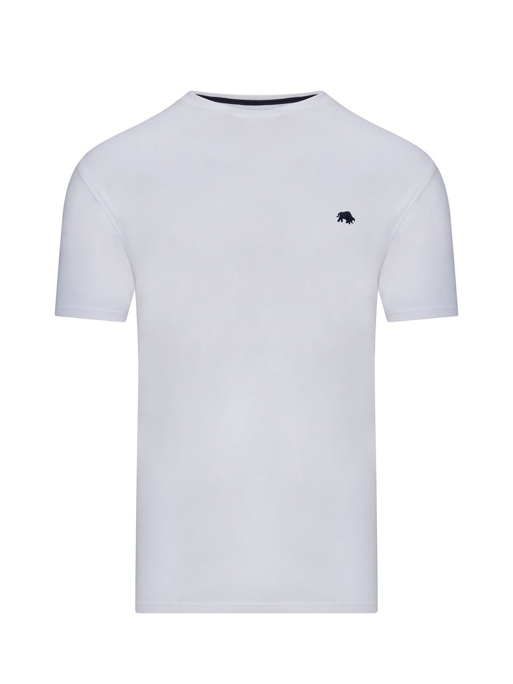 A white, crew neck T-shirt with a small embroidered logo on the chest.