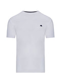 A white, crew neck T-shirt with a small embroidered logo on the chest.