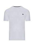 A white, crew neck T-shirt with a small embroidered logo on the chest.