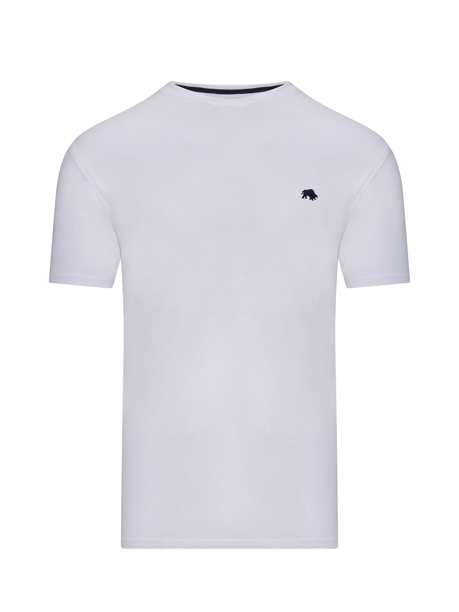 A white, crew neck T-shirt with a small embroidered logo on the chest.