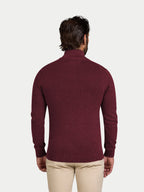 Man wearing a burgundy sweater and beige pants on a white background