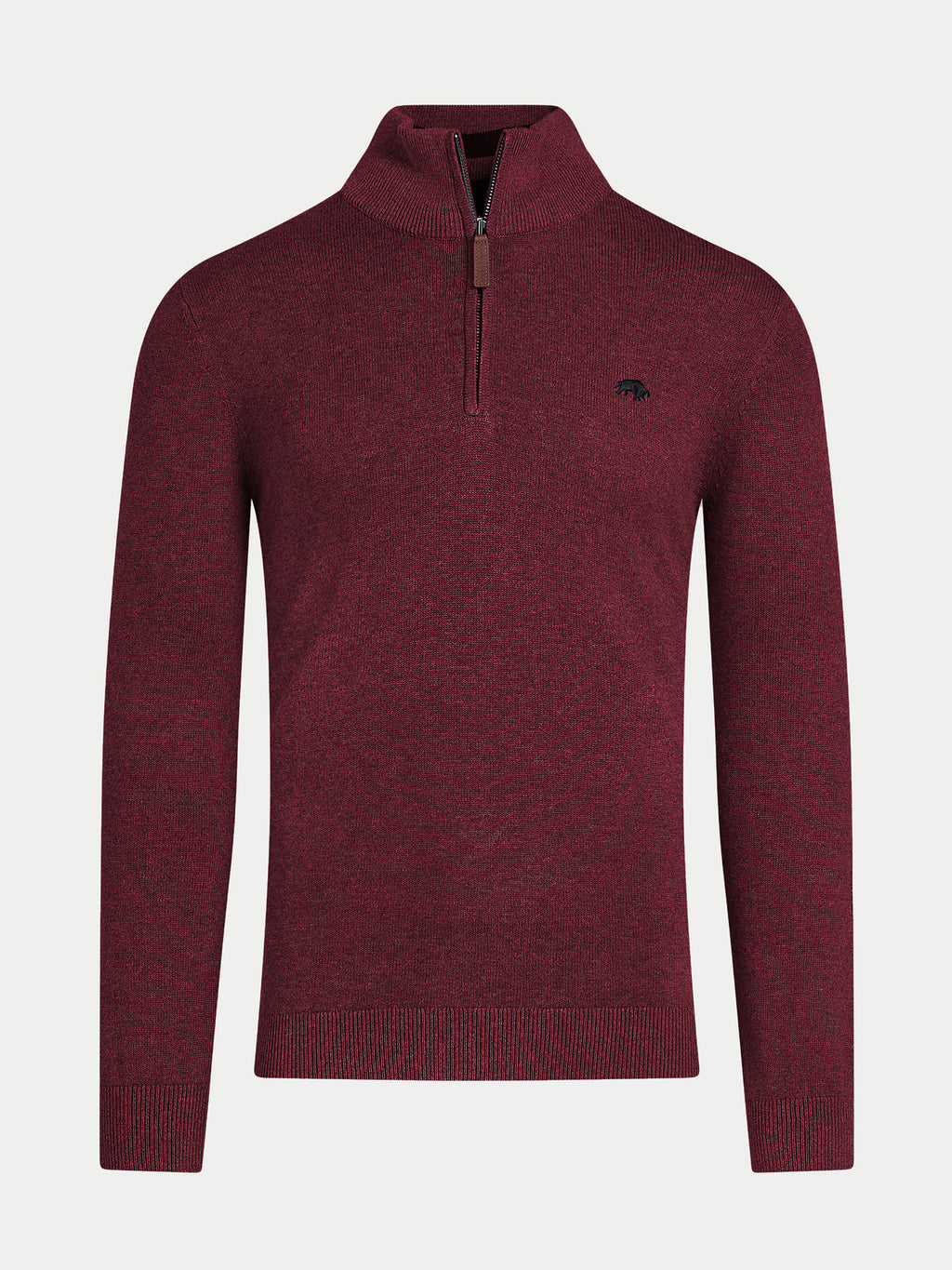 Maroon sweater with a quarter zip on a light gray background