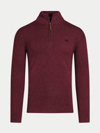 Maroon sweater with a quarter zip on a light gray background