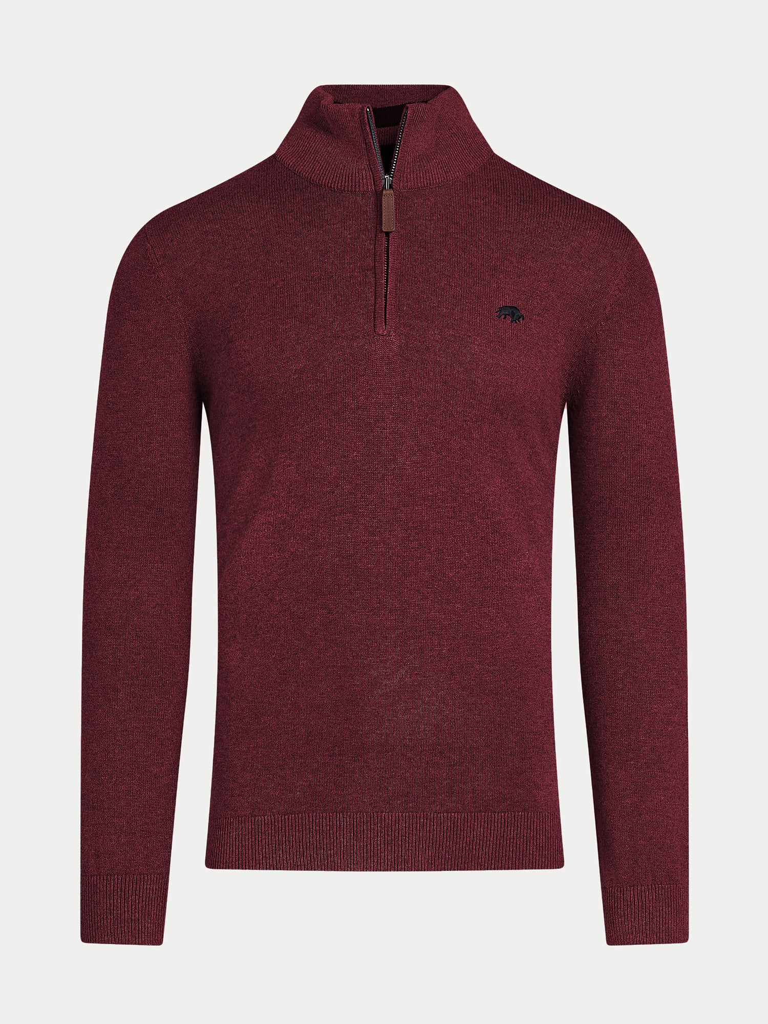 Maroon sweater with a quarter zip on a light gray background