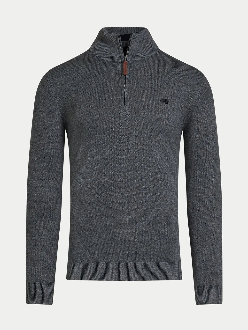 Gray sweater with a small logo on a light gray background