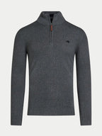 Gray sweater with a small logo on a light gray background