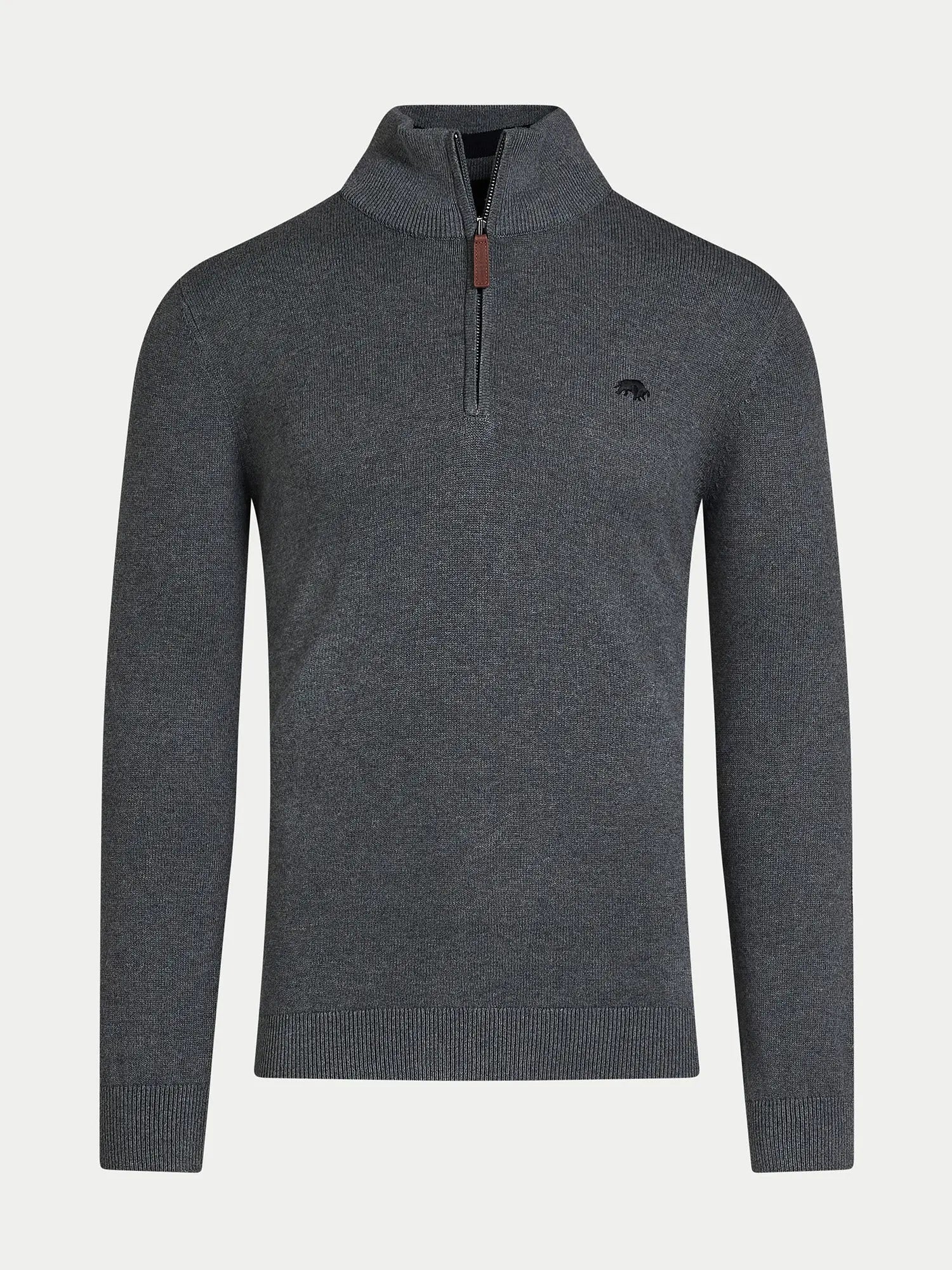Gray sweater with a small logo on a light gray background