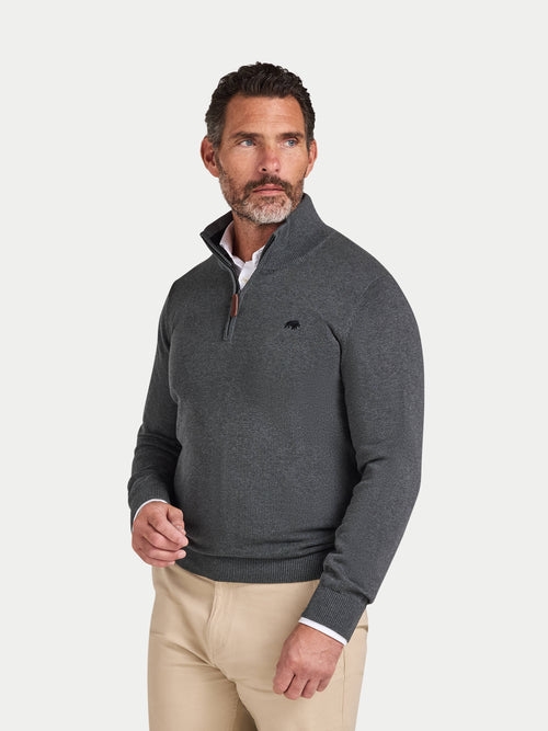 Classic Quarter Zip Cotton/Cashmere Knit - Charcoal