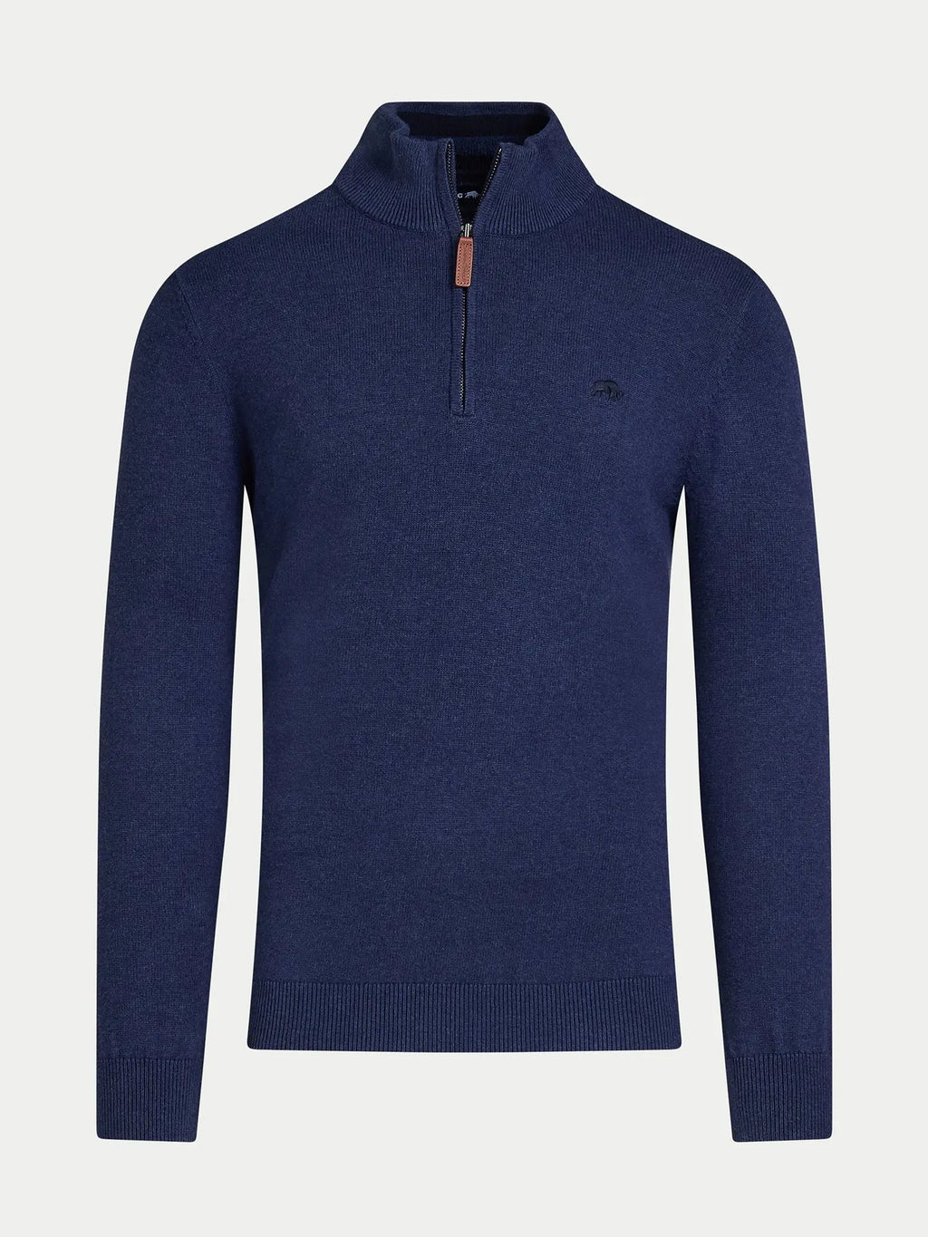 Blue sweater with a quarter zip on a light gray background