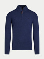 Blue sweater with a quarter zip on a light gray background
