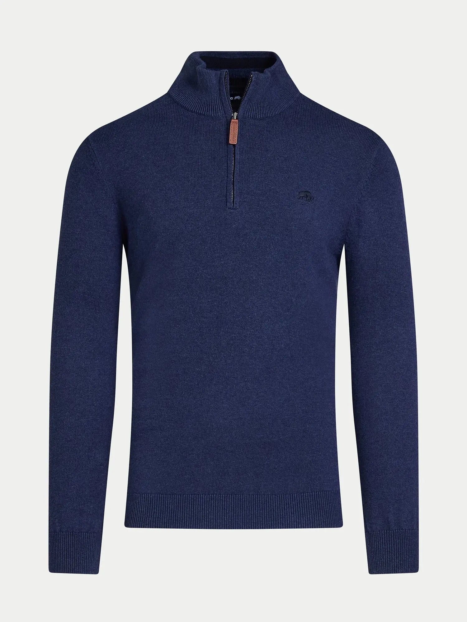 Blue sweater with a quarter zip on a light gray background