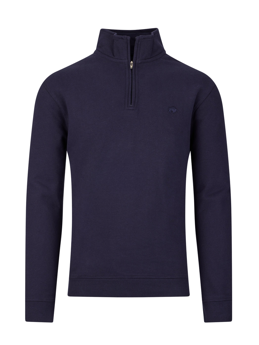 A navy blue quarter zip sweater with long sleeves and a high neck.
