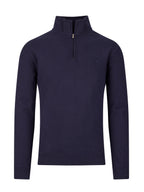 A navy blue quarter zip sweater with long sleeves and a high neck.