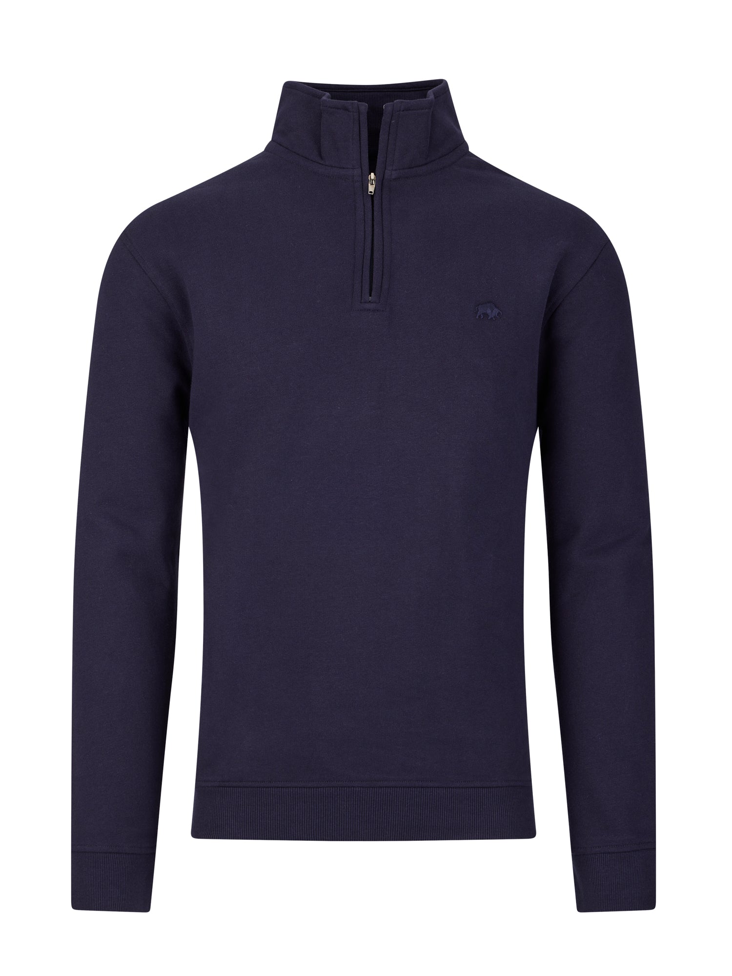 A navy blue quarter zip sweater with long sleeves and a high neck.