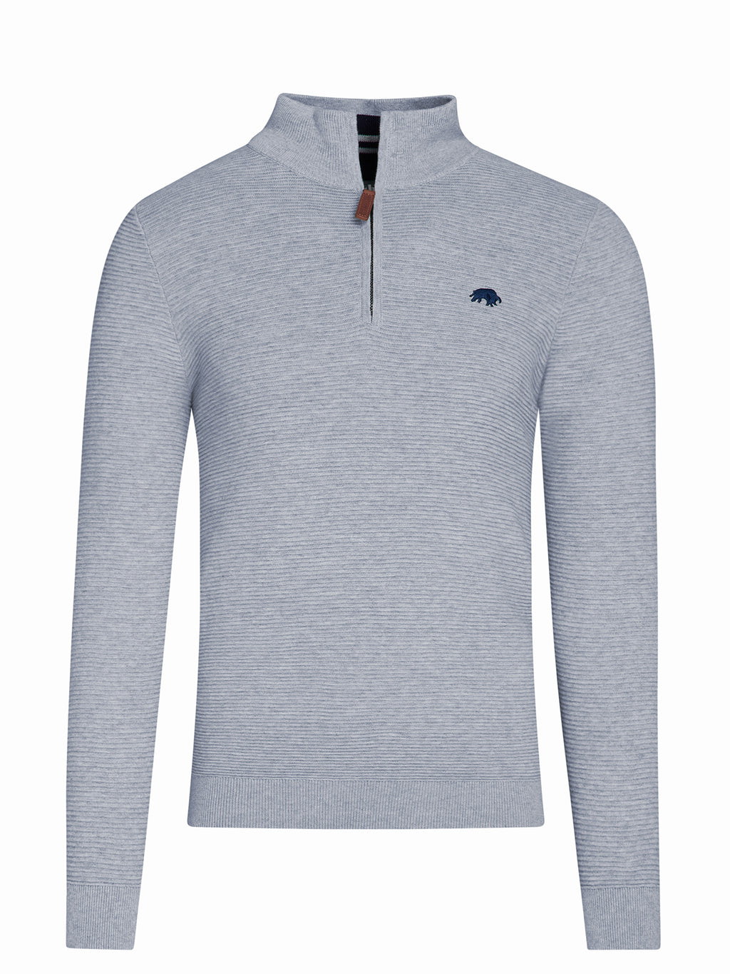 A gray ribbed quarter zip knit sweater with a high neck and contrast colored stripe pattern inside, and an embroidered bull logo on the chest.