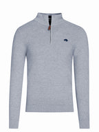 A gray ribbed quarter zip knit sweater with a high neck and contrast colored stripe pattern inside, and an embroidered bull logo on the chest.