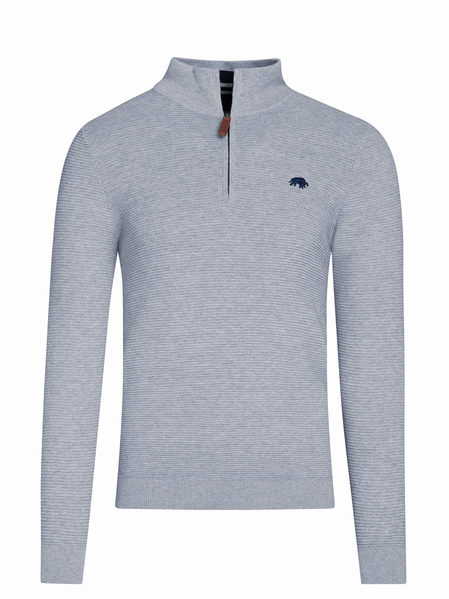 A gray ribbed quarter zip knit sweater with a high neck and contrast colored stripe pattern inside, and an embroidered bull logo on the chest.