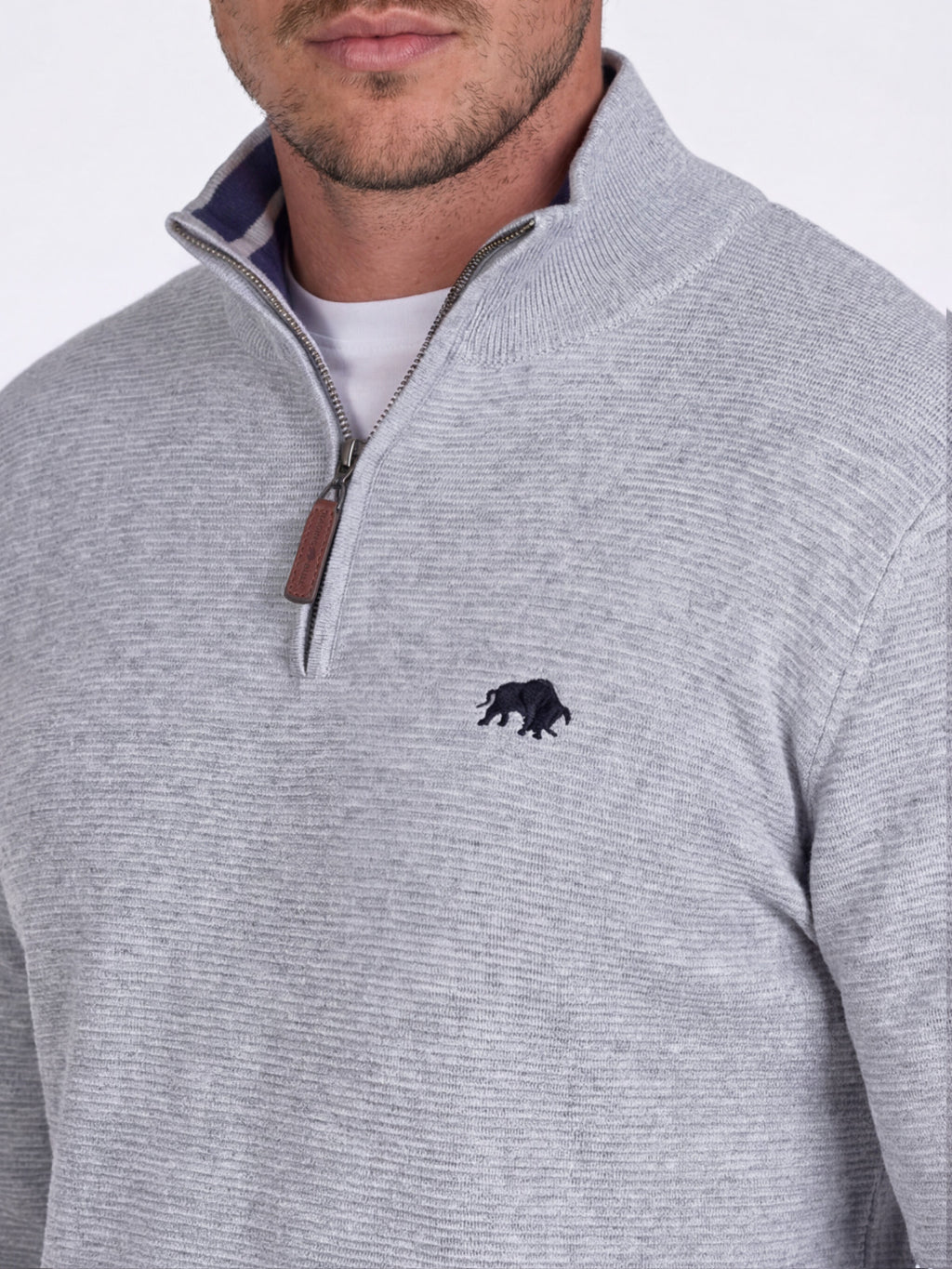 Gray quarter-zip sweater with a black bear logo on a white background