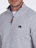 Gray quarter-zip sweater with a black bear logo on a white background