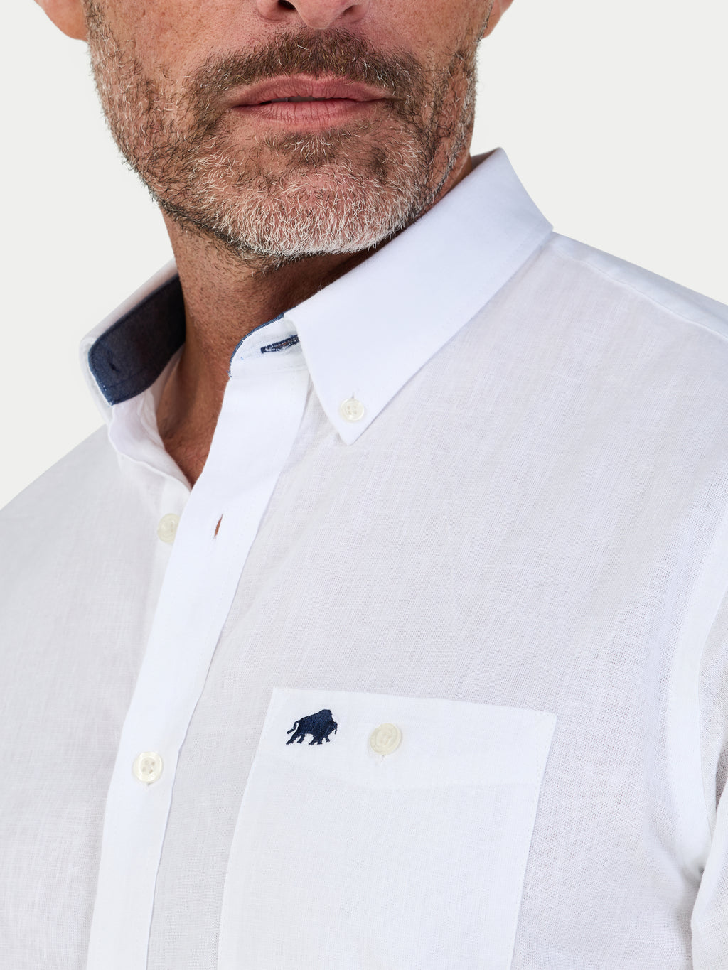 Close-up of a man wearing a white dress shirt with a pocket square and collar detail.