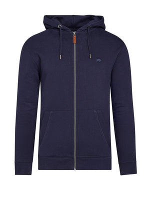 A navy zip-through hoodie with an adjustable hood, front pouch pocket, and cuffed sleeves.