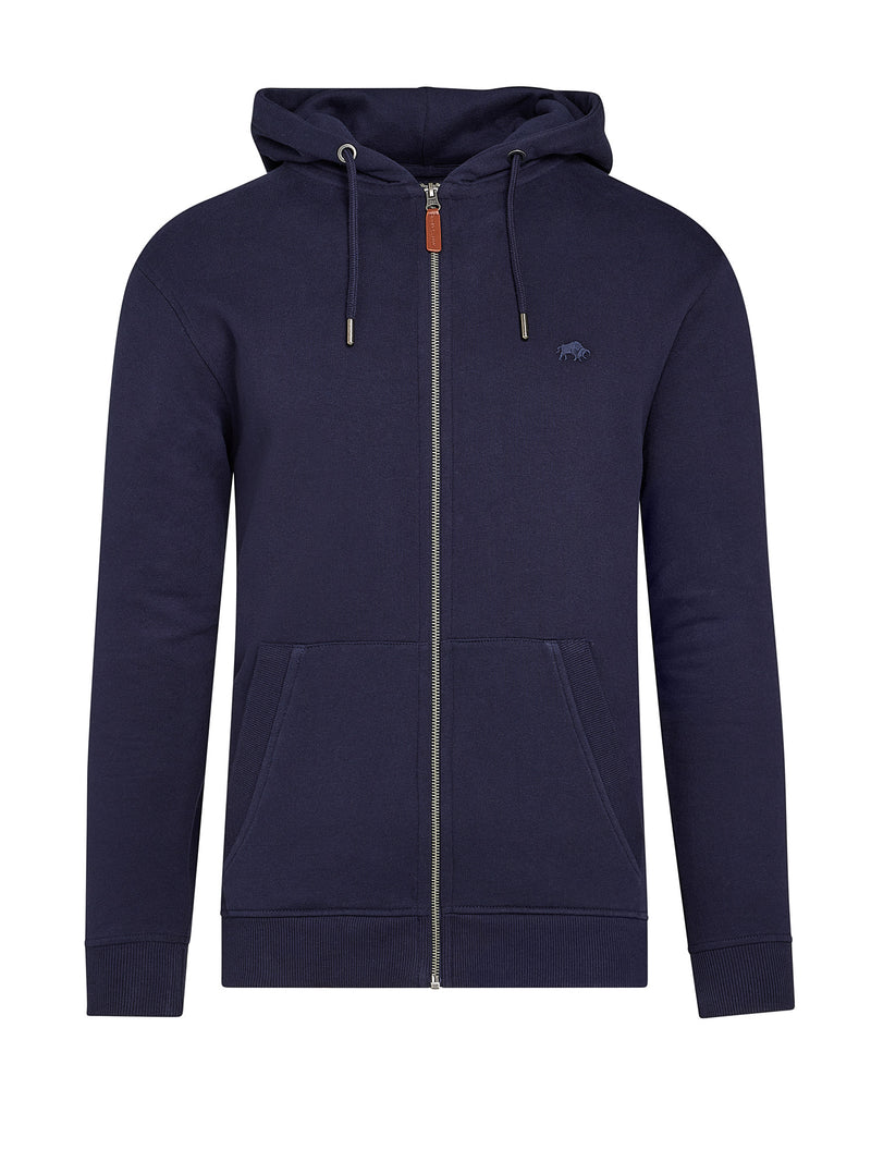 A navy zip-through hoodie with an adjustable hood, front pouch pocket, and cuffed sleeves.