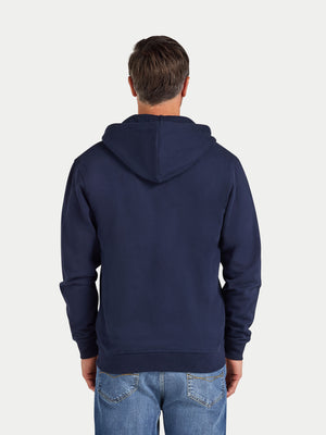 Man wearing a navy blue hoodie on a white background