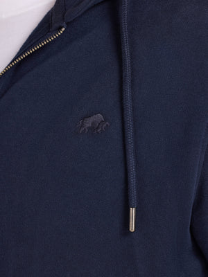 Navy blue hoodie with a small logo on the chest and zipper detail.