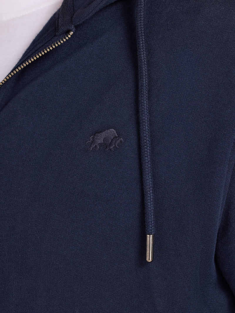Navy blue hoodie with a small logo on the chest and zipper detail.