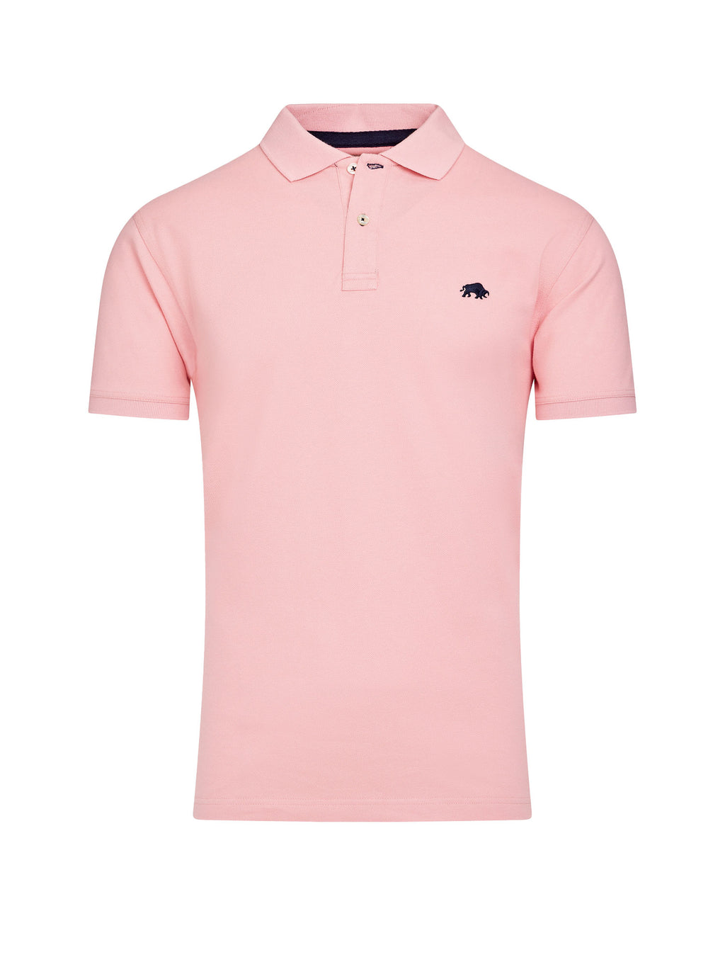 A light pink, short-sleeved polo shirt with a button-up collar and an embroidered logo on the chest.