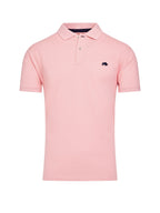 A light pink, short-sleeved polo shirt with a button-up collar and an embroidered logo on the chest.