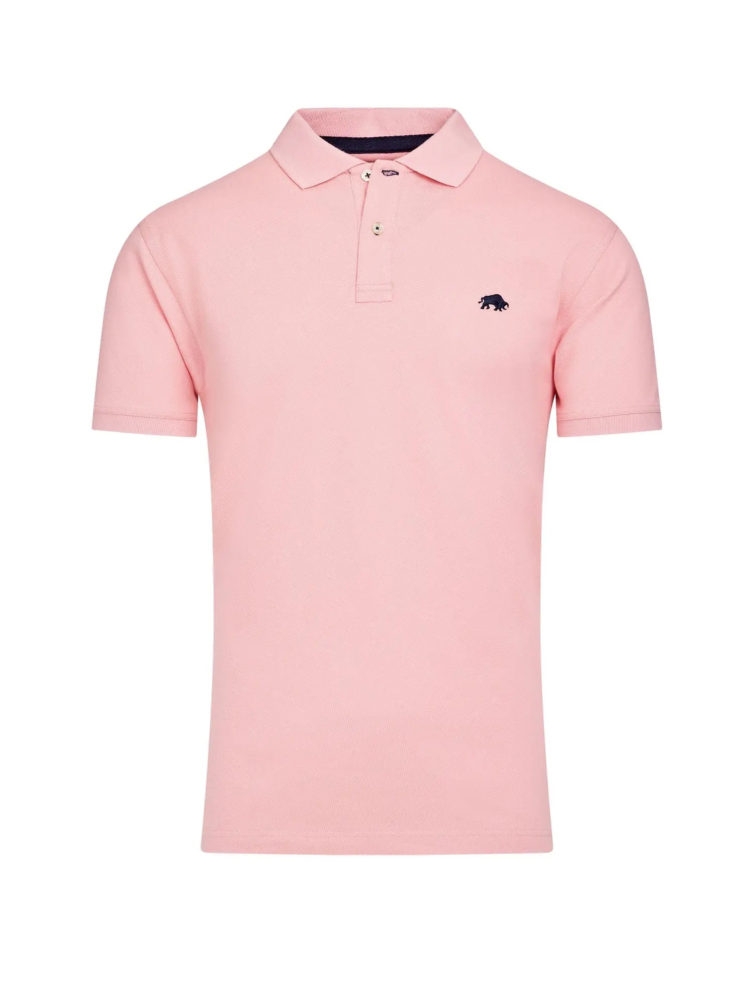 A light pink, short-sleeved polo shirt with a button-up collar and an embroidered logo on the chest.