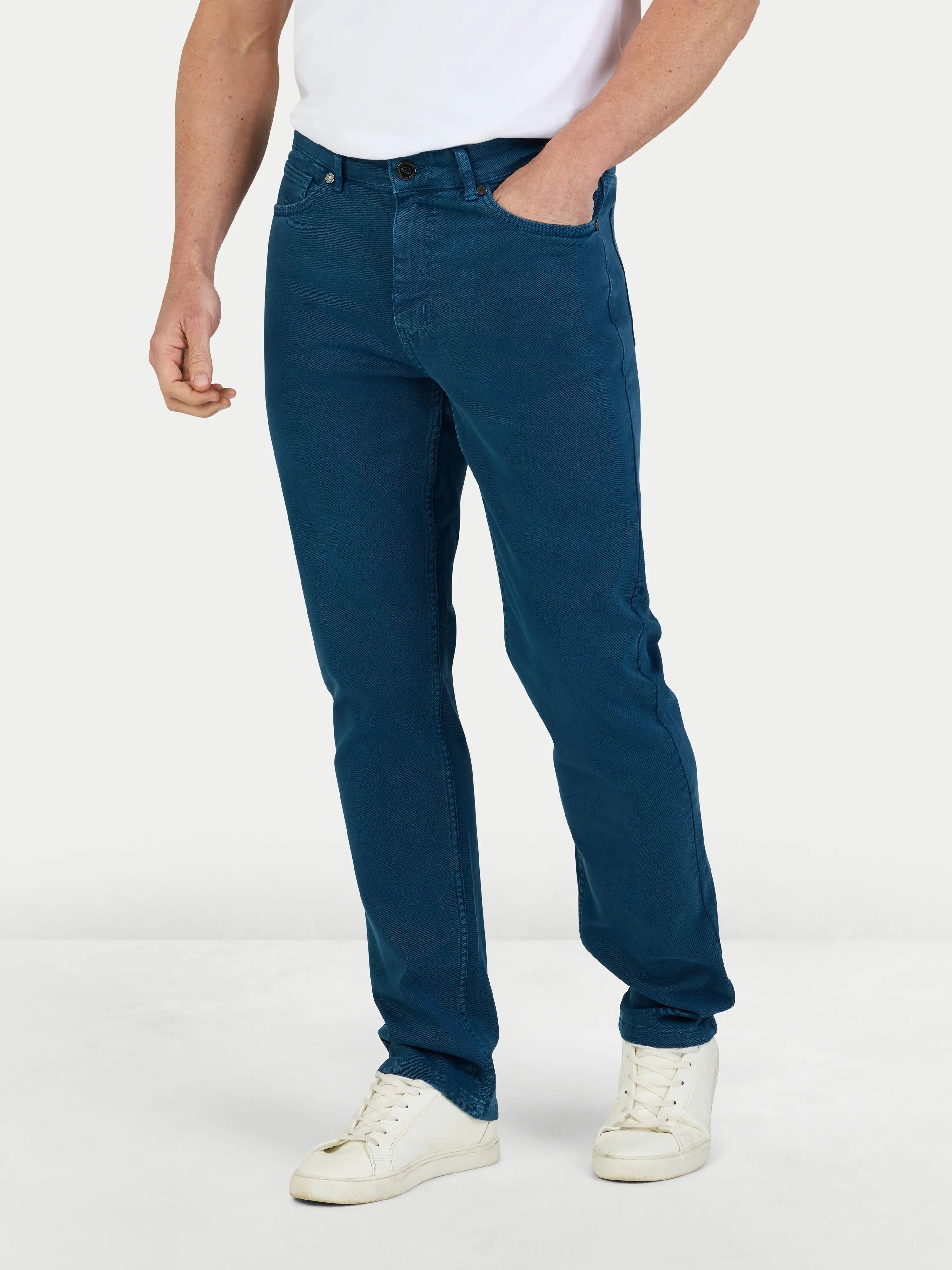 Man wearing Raging Bull Coloured Denim Stretch Trouser - Mid Blue, front detail. 