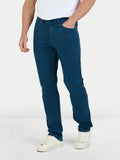 Man wearing Raging Bull Coloured Denim Stretch Trouser - Mid Blue, front detail. 