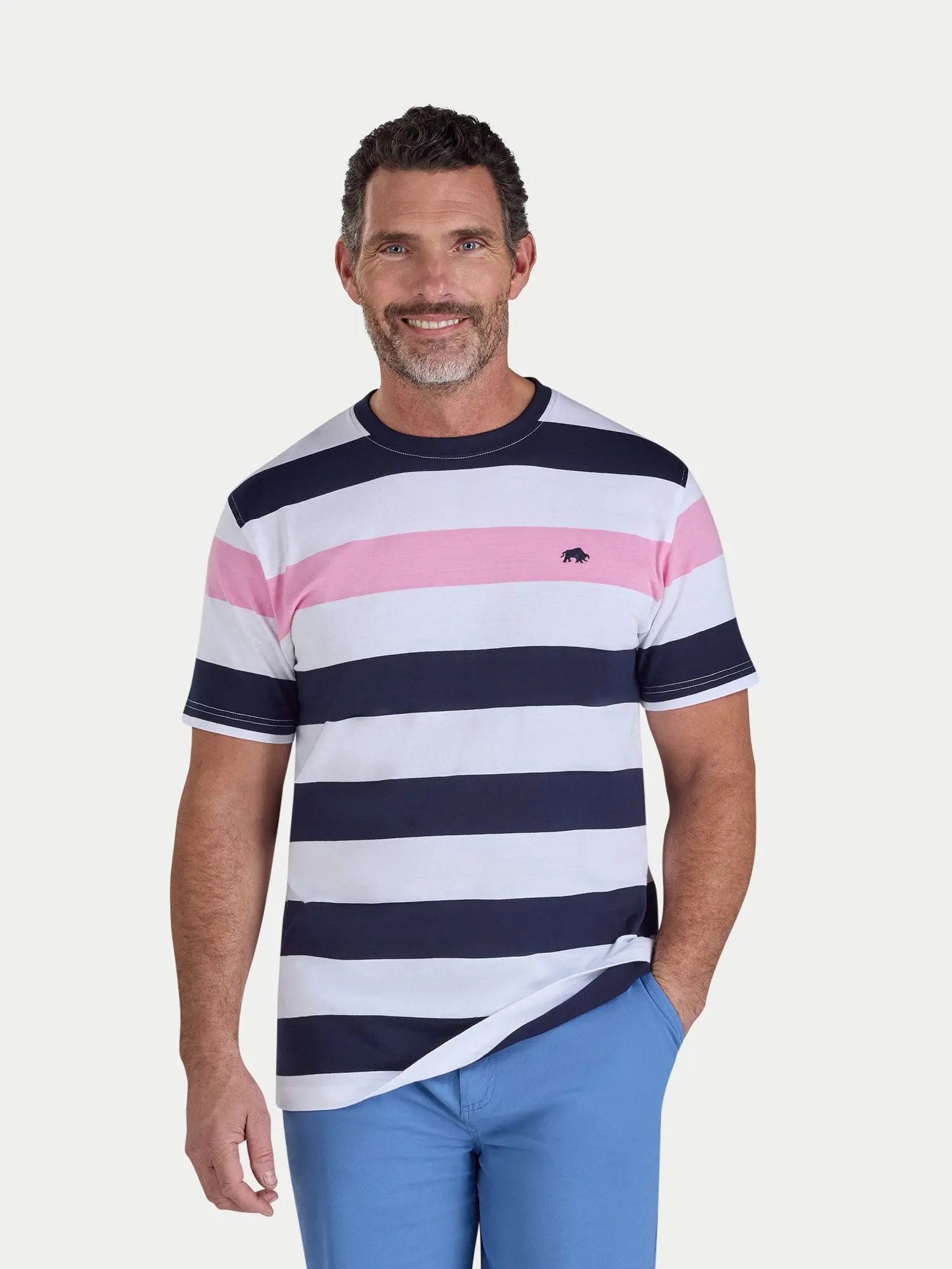 Man wearing a striped t-shirt with a white background