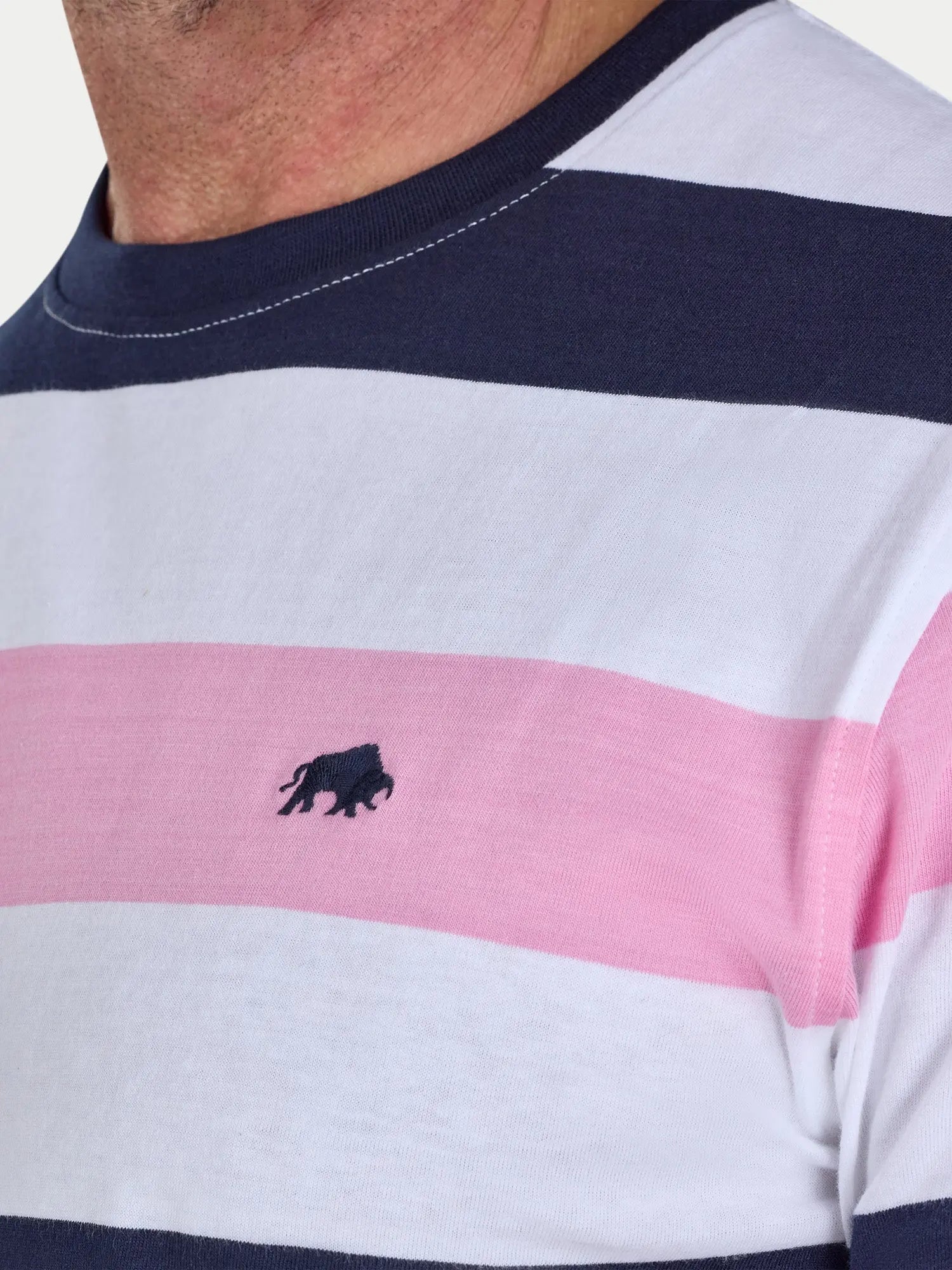 Close-up of a striped shirt with a logo on a white background