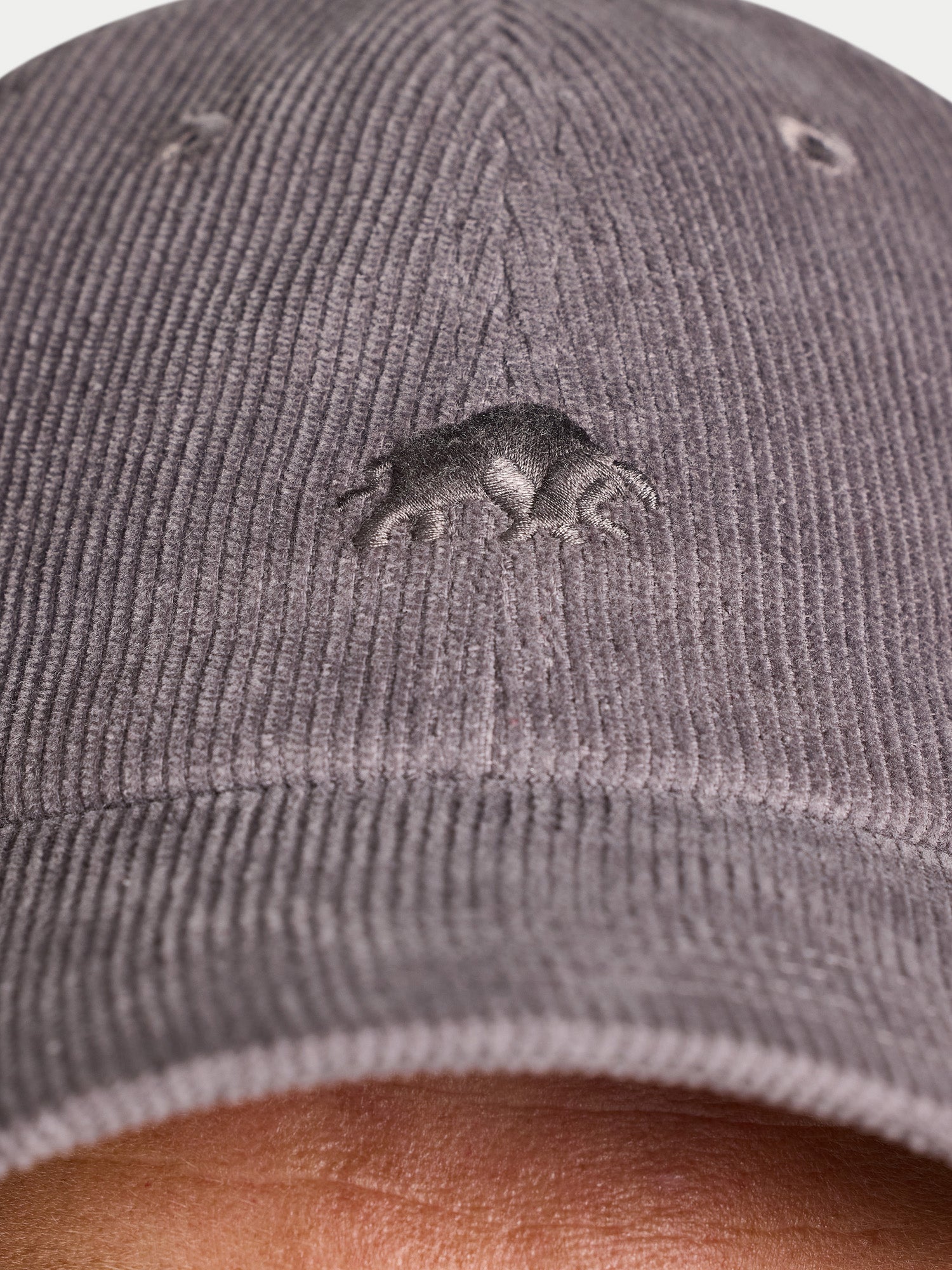 Gray cap with a logo on a person wearing it