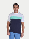 Man wearing a white and navy blue t-shirt with a green stripe on a white background