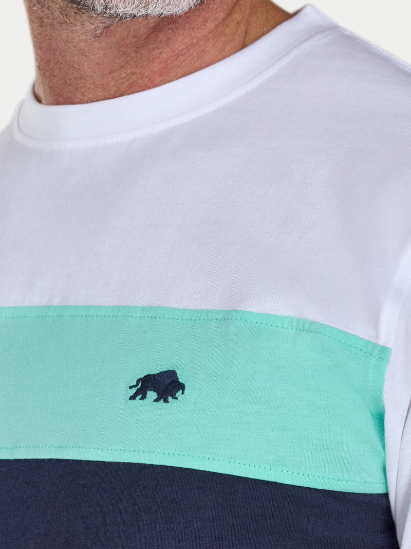 Close-up of a multicolored shirt with a logo on a white background