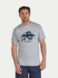 Man wearing a gray t-shirt with a graphic design on a white background