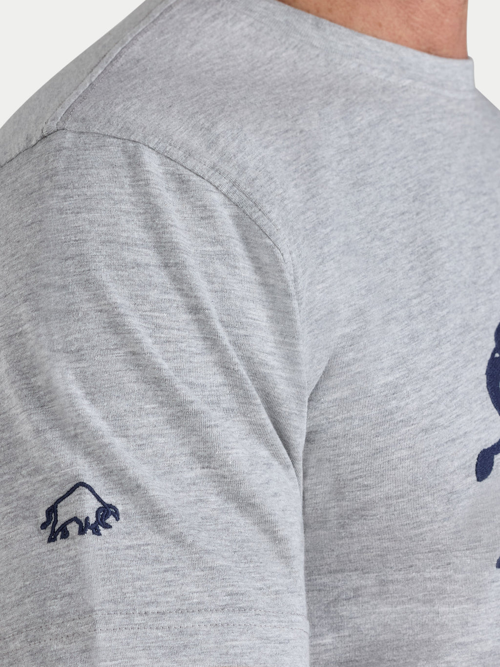 Gray t-shirt with a small logo on the sleeve against a white background