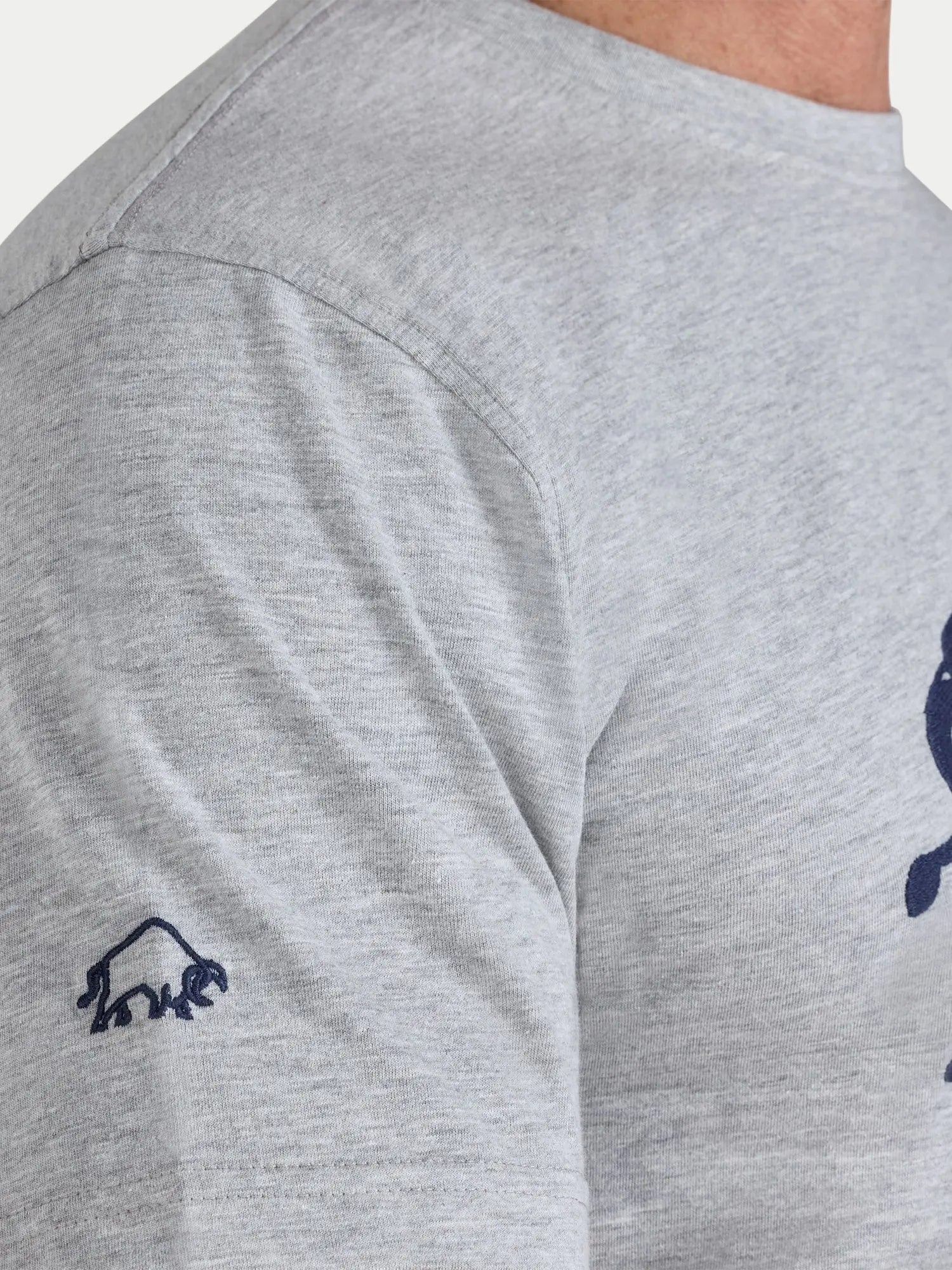 Gray t-shirt with a small logo on the sleeve against a white background