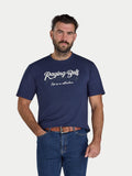 Man wearing a navy blue t-shirt with 'Raging Bull' logo on a white background