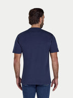 Man wearing a navy blue t-shirt on a white background