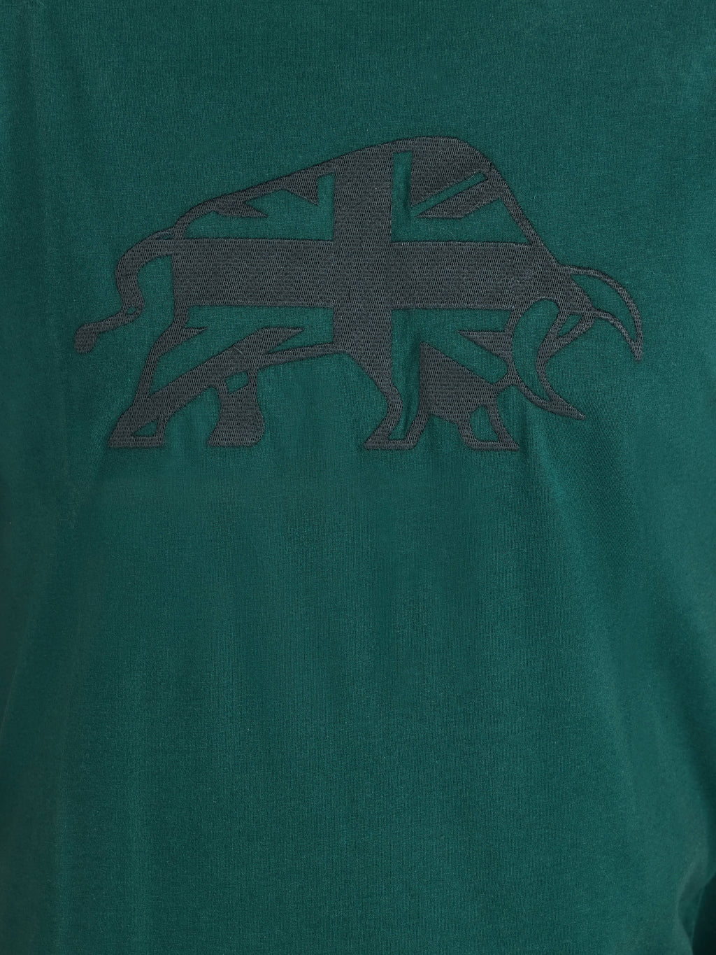 Green t-shirt with a black logo on a green background