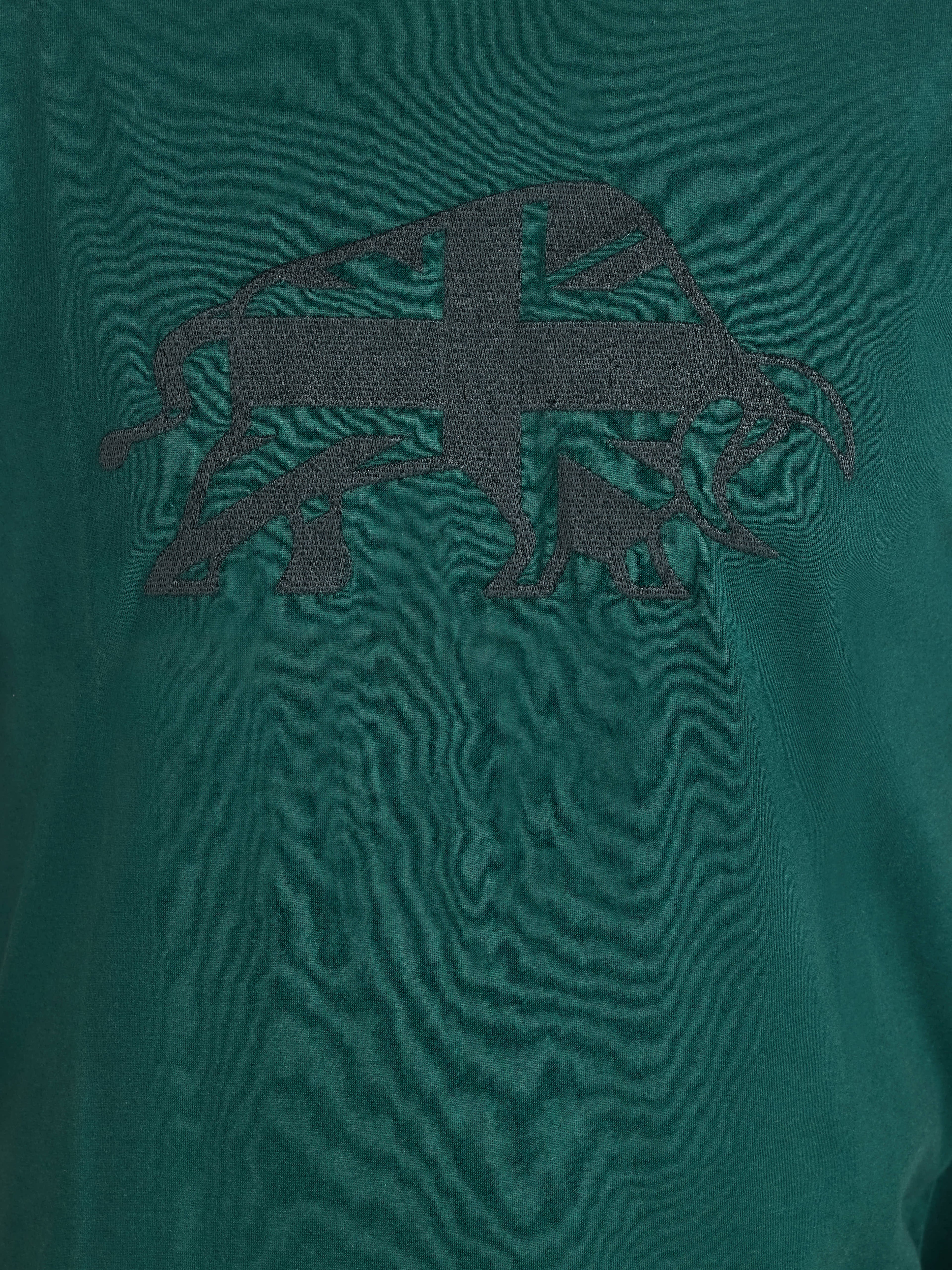 Green t-shirt with a black logo on a green background