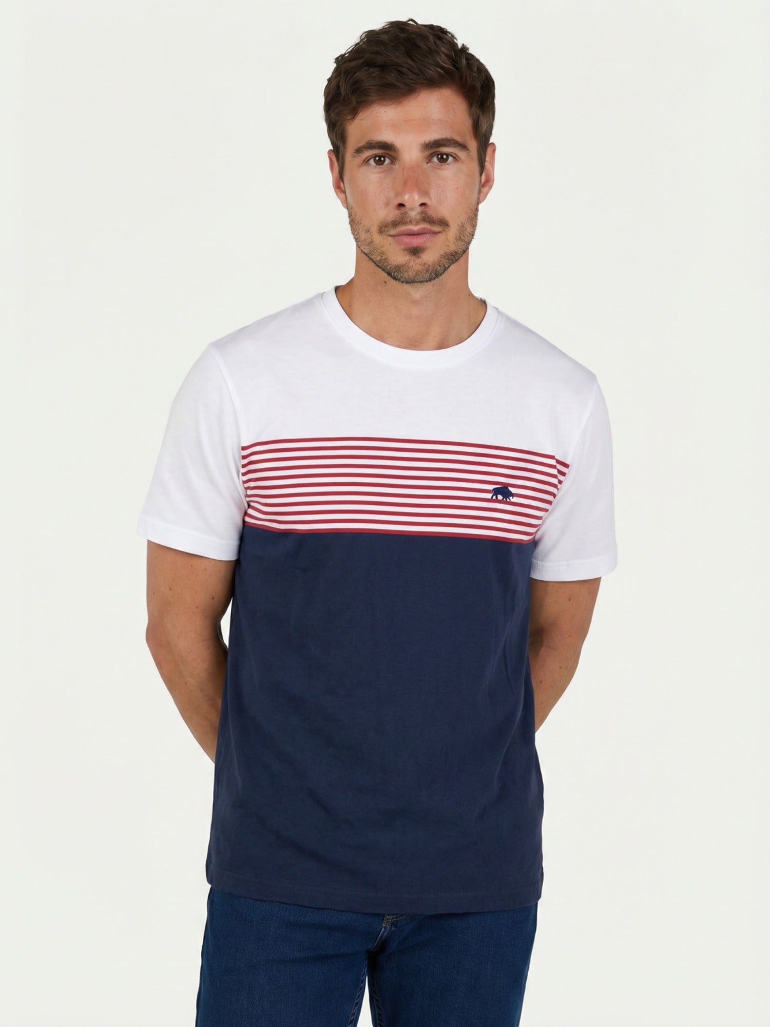 Man wearing a Raging Bull Engineered stripe t-shirt in white and navy, front. 