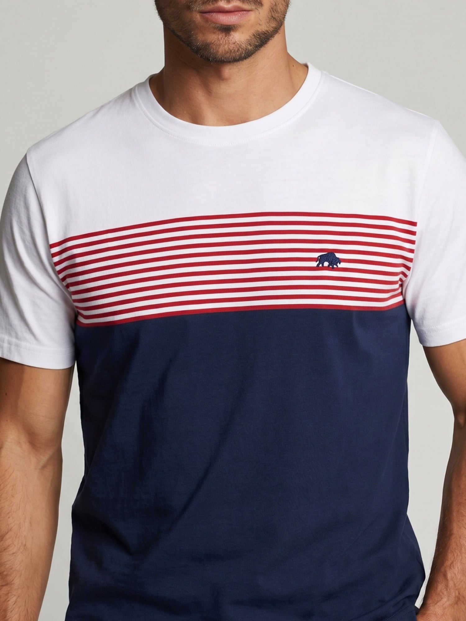 A man wearing Raging Bull Engineered stripy t-shirt in Navy, red and white, front. 