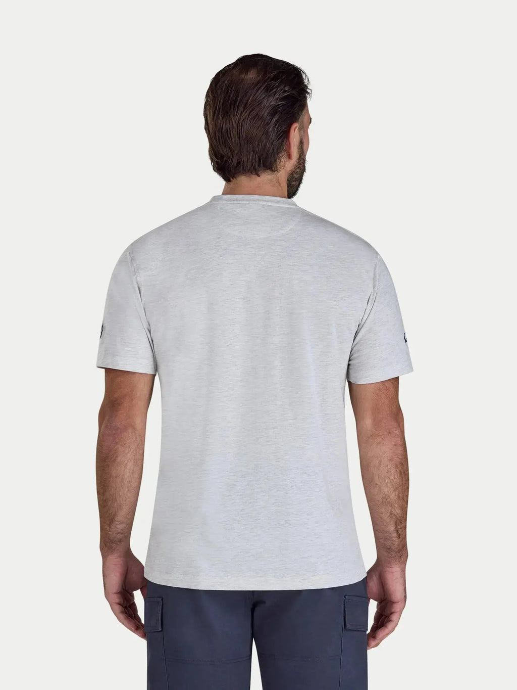 Man wearing Raging Bull Farmer Bully Boy t-shirt in ecru marl, back. 