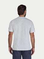 Man wearing Raging Bull Farmer Bully Boy t-shirt in ecru marl, back. 